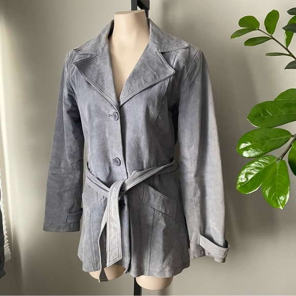 Vintage Le Chateau Suede Leather Belted Trench Coat Jacket Light Blue Size Large - Picture 2 of 11